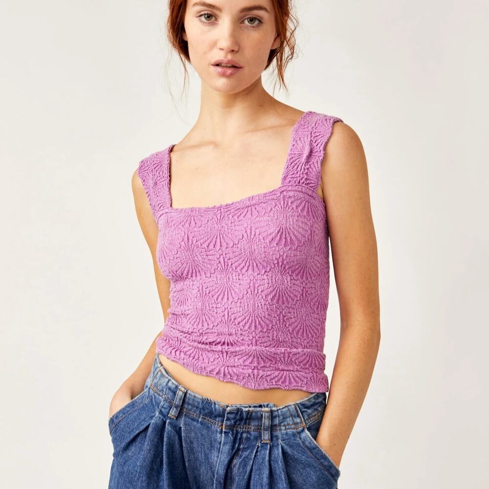 Free People Love Letter Cami Size XS/S Mulberry Jacquard Floral Lettuce Edge Hem